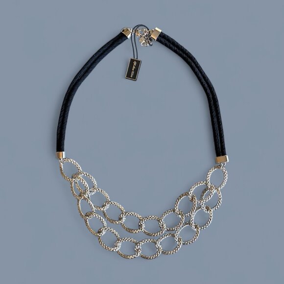 Lightweight Silvertone & Black Double Layer Necklace - Picture 1 of 6
